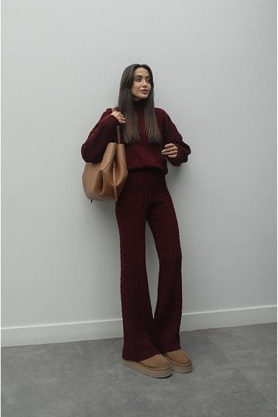 Havoş Burgundy Wefted Hair Knit Pants Sweater Set