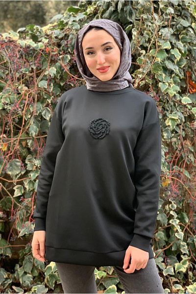 Moda Rosa 25K4445 - Black - Floral Stone Embroidered Scuba Sweat