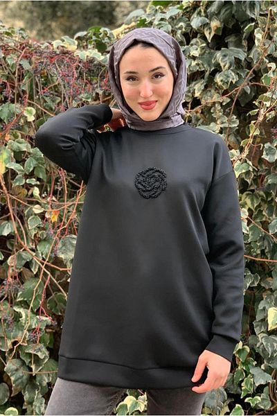 Moda Rosa 25K4445 - Black - Floral Stone Embroidered Scuba Sweat