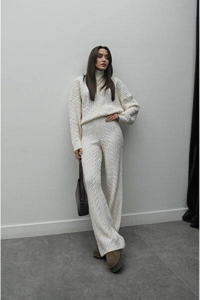 Havoş Ecru Scarf Hair Knit Pants Sweater Set