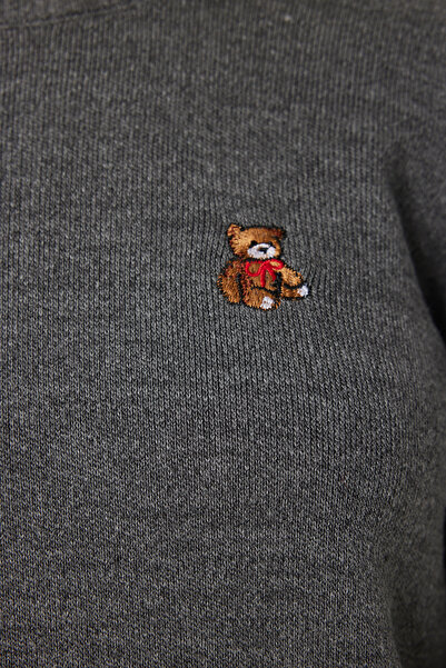 Lovelyİstanbul Anthracite Ldp0028 - Teddy Bear Embroidered Knitwear Sweater