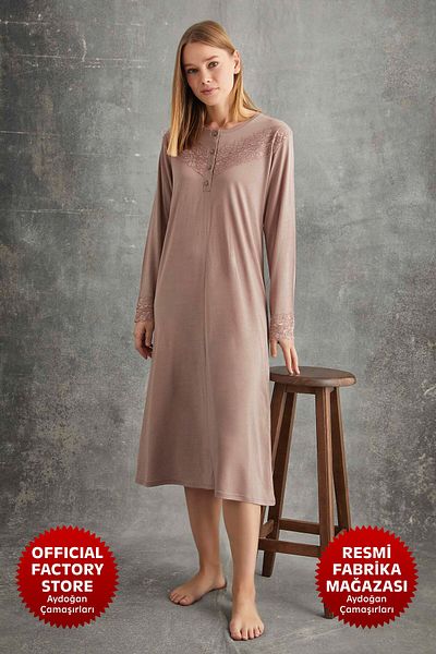 Aydoğan Cămașă de noapte Dusty Rose din dantelă pentru femei, mânecă lungă 95% bumbac B1-3 - 6044 - Aydogan ®