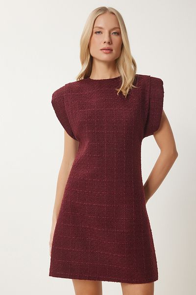 Lovelyİstanbul Padded Mini Tweed Woven Dress Claret Red Lwf0023
