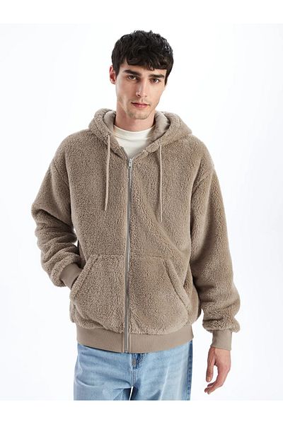 LC Waikiki Beige Hooded Long Sleeve Plush Men's Zip-Up Sweatshirt