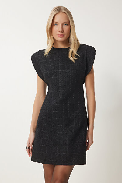 Lovelyİstanbul Padded Mini Tweed Woven Dress Black Lwf0023