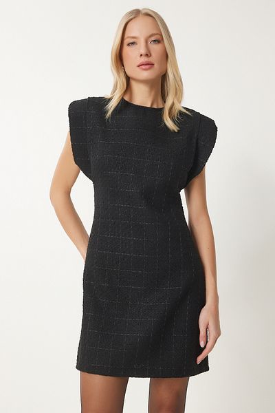 Lovelyİstanbul Padded Mini Tweed Woven Dress Black Lwf0023