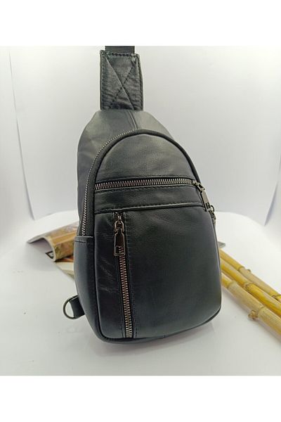 KIBBAG Unisex Γνήσιο Δερμάτινο Μαύρο Τσάντα ώμου Τσάντα στήθους και σακίδιο πλάτης