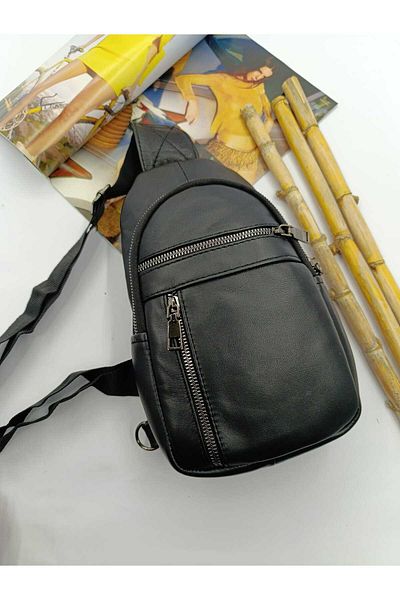 NahitaTyana Unisex Μαύρη τσάντα ώμου και στήθους από γνήσιο δέρμα - Περιλαμβάνεται σακίδιο πλάτης