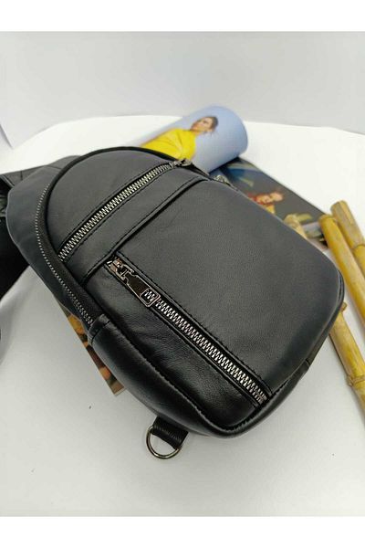 NahitaTyana Unisex Μαύρη τσάντα ώμου και στήθους από γνήσιο δέρμα - Περιλαμβάνεται σακίδιο πλάτης