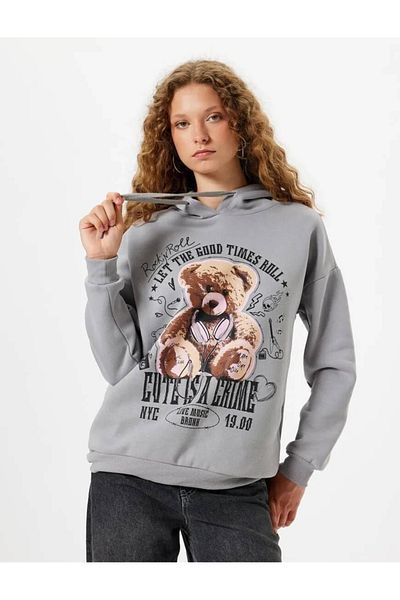 Koton Übergroßes Sweatshirt mit Kapuze Bär gedruckt Slogan Şardonlu
