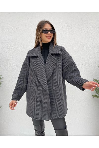 Elif Özbey Butik Antracitově oversize krátká srst s rybí kostí