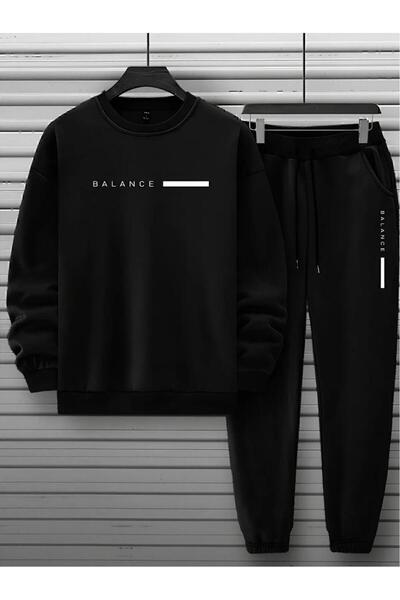 NO 601 Ανδρικό σετ φόρμας Black Balance με στάμπα Crew Neck Μαύρο