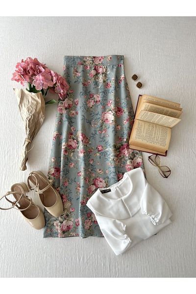 KÜÇÜĞÜM BUTİK Fusta lungă cu model floral turcoaz-roz