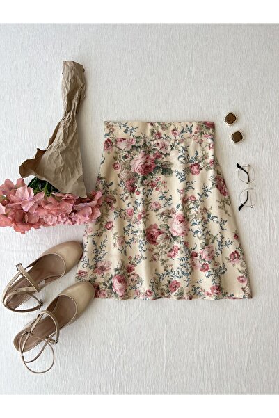KÜÇÜĞÜM BUTİK Kısa Krem-pembe Çiçekli Polikoton Etek