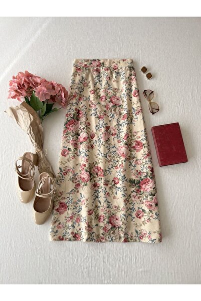 KÜÇÜĞÜM BUTİK Fusta lungă din polibuton cu model floral roz crem