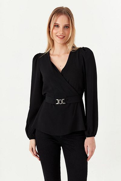Select Moda Women's Woven Blouse with Buckle Detail on Waist
