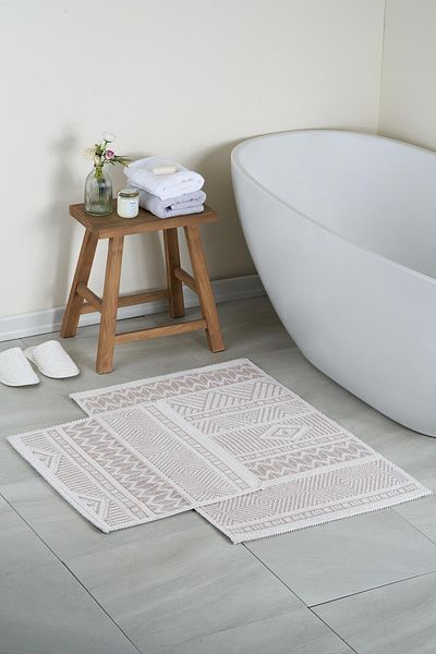 Bluenity Marina Natural Cotton 2-Piece Bath Mat Set 60x100 50x60 Cm - Beige