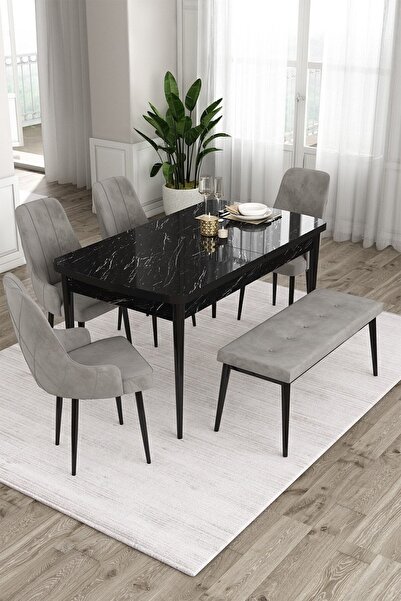 Canisa Concept Ram Serisi 80x132 Açılabilir Mutfak Masası Takımı Siyah Mermer...