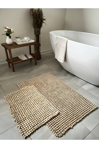 Bluenity طقم سجادة حمام من القطن الطبيعي من بابلز مكون من قطعتين مقاس 60×100+50×60 سم - بيج
