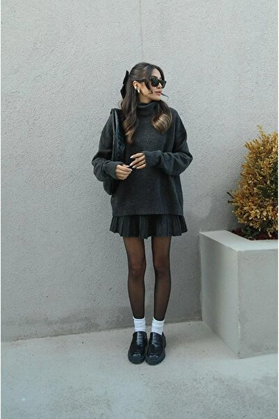 Demirbey Ανθρακί Πλισέ Μίνι Φούστα Fisherman Sweater Top Top Σετ Πλεκτά