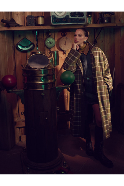 Koton X Sima Tarkan - Extra Long Plaid Oversize Stamp Coat with Faux Leather Detail