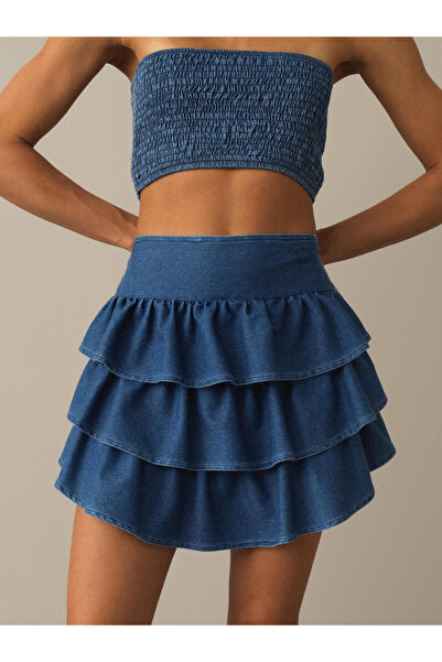 Xint Kadın Mavi Pamuk Dokulu Regular Fit Şortlu Etek