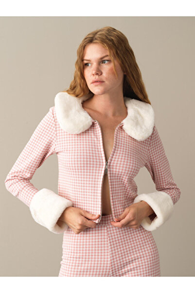 Xint Kadın Pembe Pamuk Dokulu Pamuklu Regular Fit Ekose Ceket