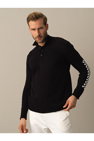 Xint Erkek Siyah Yumuşak Dokulu Dik Yaka Regular Fit Kazak