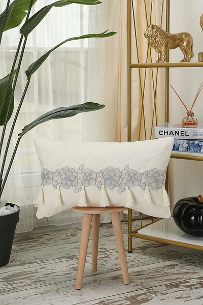 Aisha's Design 50X30 cm Rectangular Glitter Floral Motif and Tassel Throw Pillow Cover - K-436