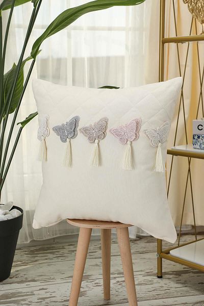 Aisha's Design 45X45 cm Butterfly Accessory and Tufted Square Throw Pillow - K-435
