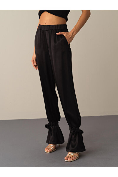 Xint Kadın Siyah Pamuk Dokulu Regular Fit İpeksi Saten Pantolon