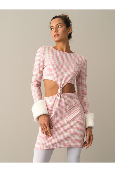 Xint Kadın Pembe Pamuk Dokulu Slim Fit Modern Ekose Mini Elbise