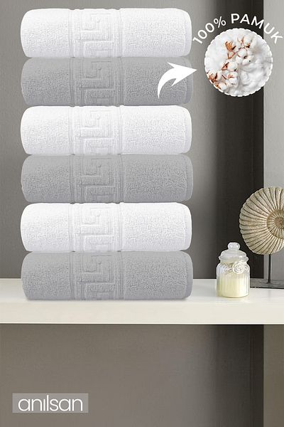 Anılsan Set of 6 Greek Grey-White Hand Towels - 50X90 Cm, 225 Gr, 100% Cotton, Spa and Hotel Towels