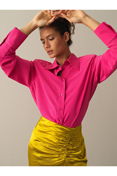 Xint Kadın Fuşya Pamuk Dokulu Vatkalı Oversize Gömlek