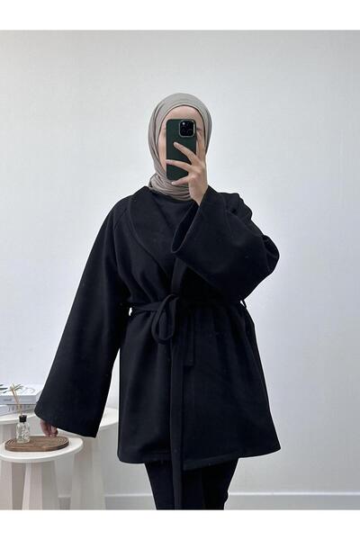 CHUL Siyah Bomber Kemerli Kaşe Ceket - Geniş Beden Aralığı