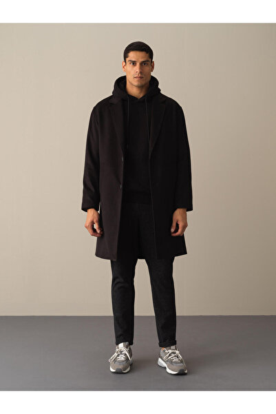 Xint Erkek Siyah Esnek Dokulu Oversize Düğmeli Kaban