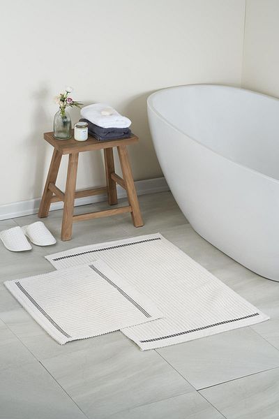 Bluenity Nice Natural Cotton 2-Piece Bath Mat Set 60x100 50x60 Cm - Ecru/black