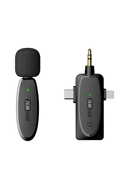 Hepa-Merz Hepa Merz R-32 Kaliteli Çiftli Kablosuz Yaka Mikrofonu 3in1 İphone Type-c ve 3.5mm Jack