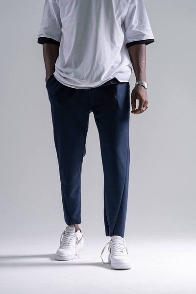 Superbluemexico Men's Basic Navy Blue Trousers with Elastic Waist
