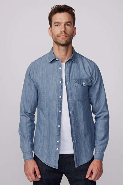 Tudors Βαμβακερό μπλε τζιν πουκάμισο με μακρυμάνικο λεπτή εφαρμογή με μονό τσεπάκι