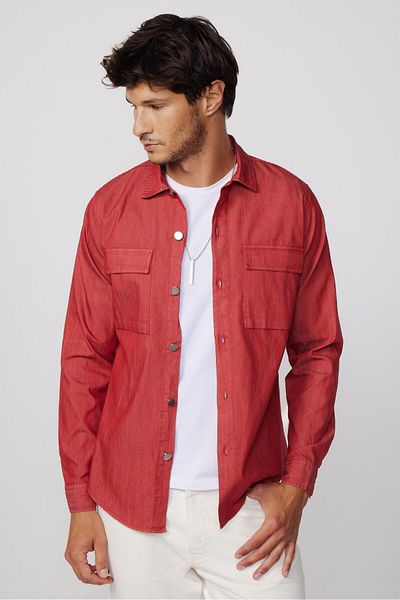 Tudors Slim Fit Long Sleeve Denim Piece Painted Double Pocket Flap Metal Button Men's Red Shirt