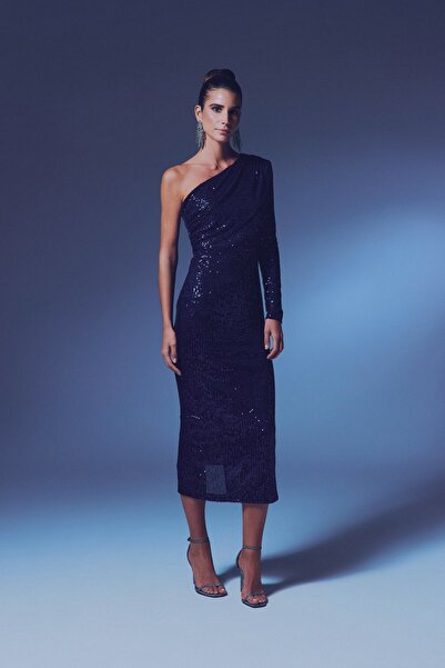 Nil's BUTİK One Shoulder Pul Payet Midi-Size Dress