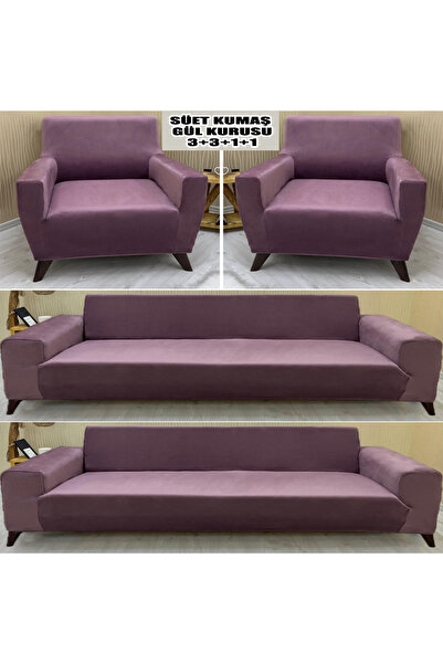 Home Süet Detaylı Angora Kumaş 2 Adet Üçlü & Çekyat- 2 Adet Tekli Set Koltuk Kılıfı