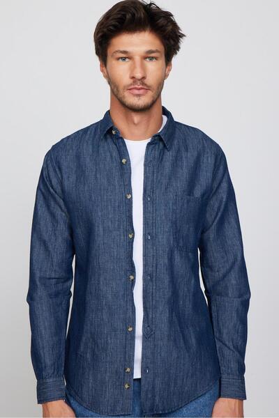 Tudors Slim Fit, hosszú ujjú, egyzsebű farmer farmer sötétkék férfi ing