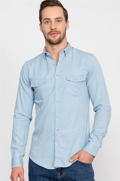 Tudors Slim Fit Μακρυμάνικο Slim Fit Διπλή Τσέπη Unisex Μπλε πουκάμισο