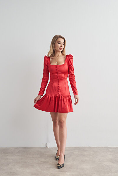 Rabia Çelik Kadın Kırmızı Önü Düğmeli Saten Uzun Kollu Mini Elbise