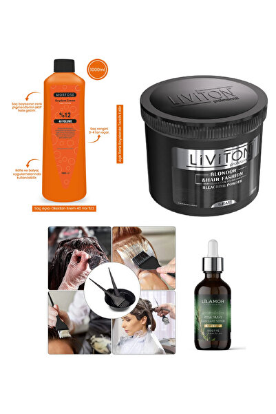 Lilamor Toz Açıcı Gri 1000gr + Oksidan %12 40Volume + Boya Seti + Biberiye Se...