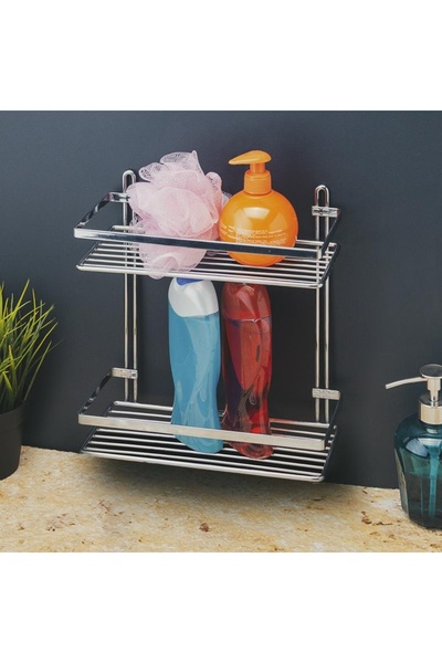 Evistro Paslanmaz Banyo Köşe Duvar Rafı Şampuanlık 2 Katlı