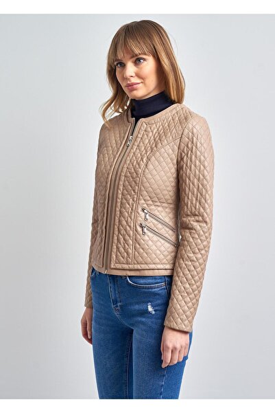 Pierre Cardin Melanie Kapitone Bisiklet Yaka Gerçek Deri Ceket