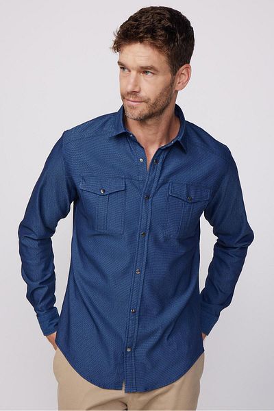 Tudors Мъжка мъжка риза Dobby Denim Slim Fit с дълъг ръкав и изпрана индигова яка с двоен джоб